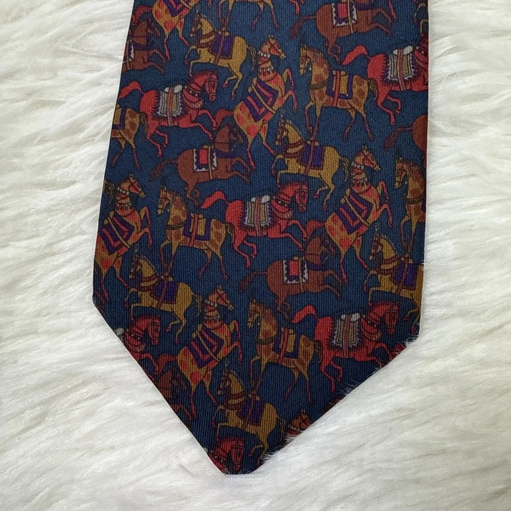 Salvatore‎ Ferragamo Men's Silk Tie Blue Horses Motif Made in Italy Designer